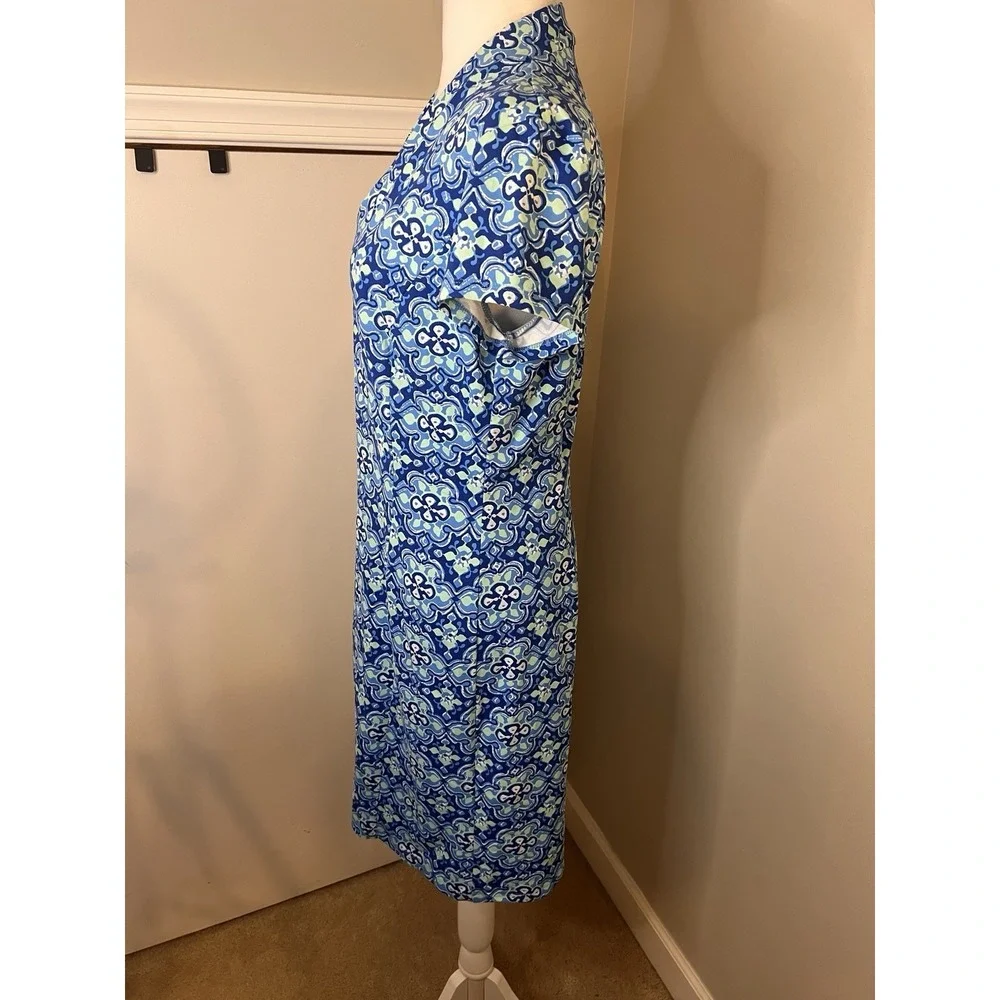 J. McLaughlin Catalina Cloth Blue/White Geometric V-Neck Shift Dress Stretch M